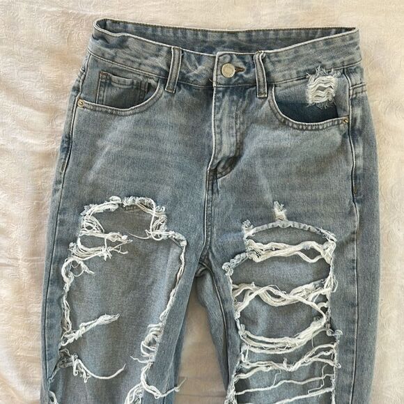 Shein Factory Distressed Blue Jeans Light Wash Wide Legs Size XS - Picture 3 of 13